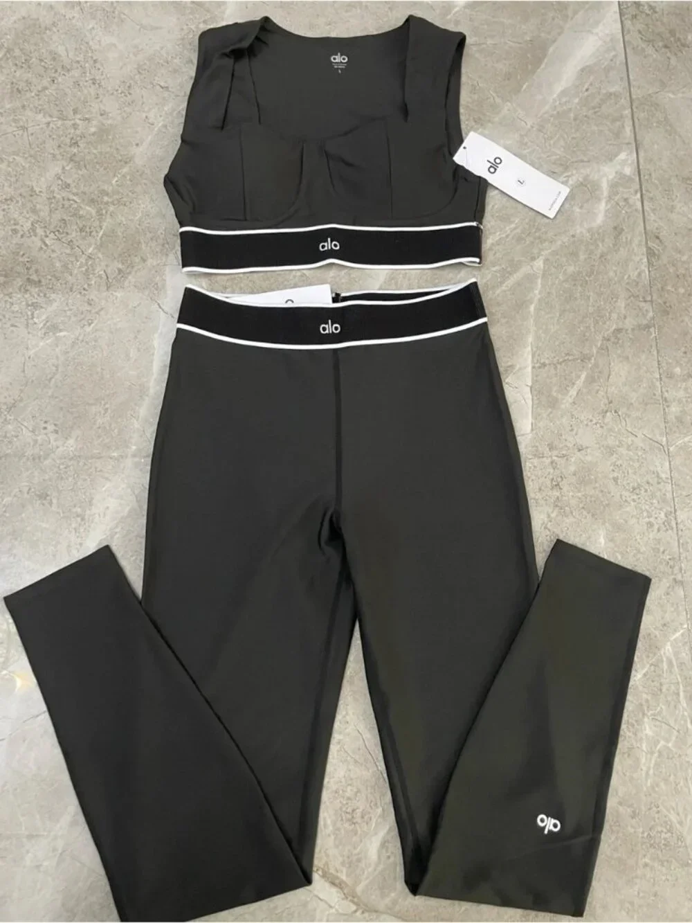 ALO Yoga Black Legging and Crop Top Set with White Trim